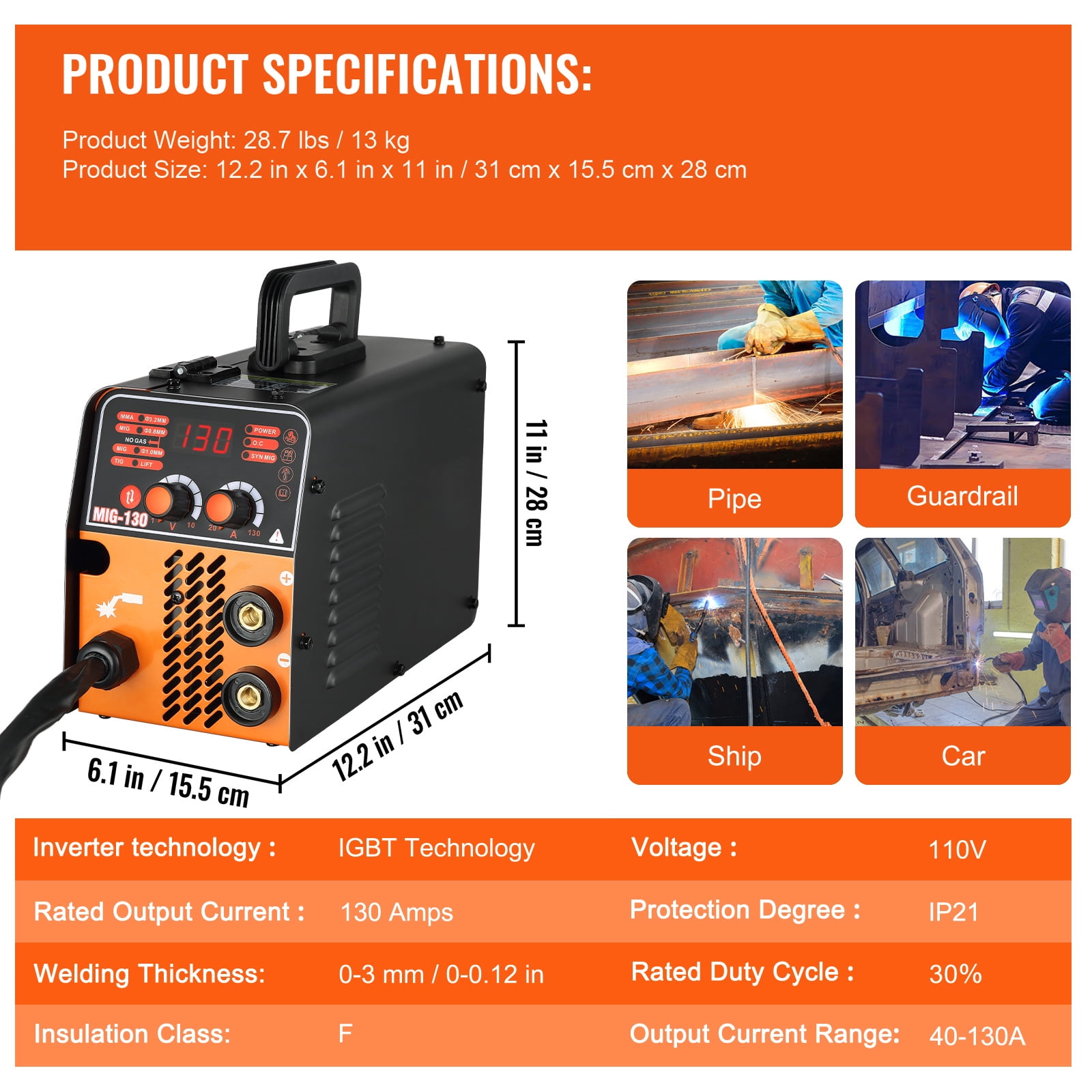 BENTISM MIG Welder Welding Machine 130A Flux Core 3 in 1 MMA/MIG/LIFT TIG Welder