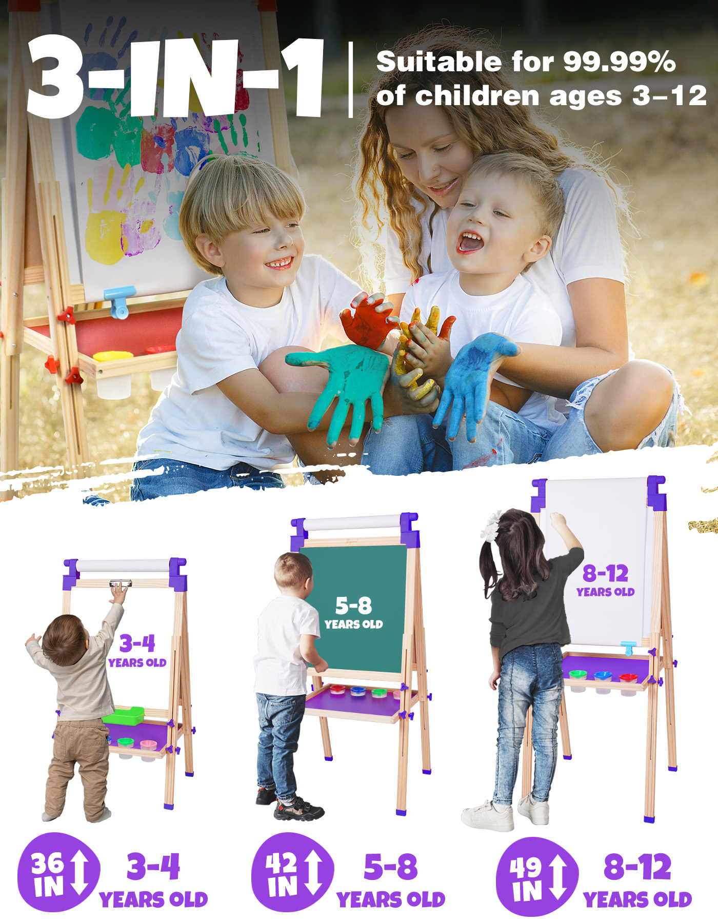 JOYOOSS 36 in - 49 in Adjustable Wood Children's Art Easel with Drawing Paper, Storage Box, Chalk, Markers, Erasers, Magnetic Letters and Math Set