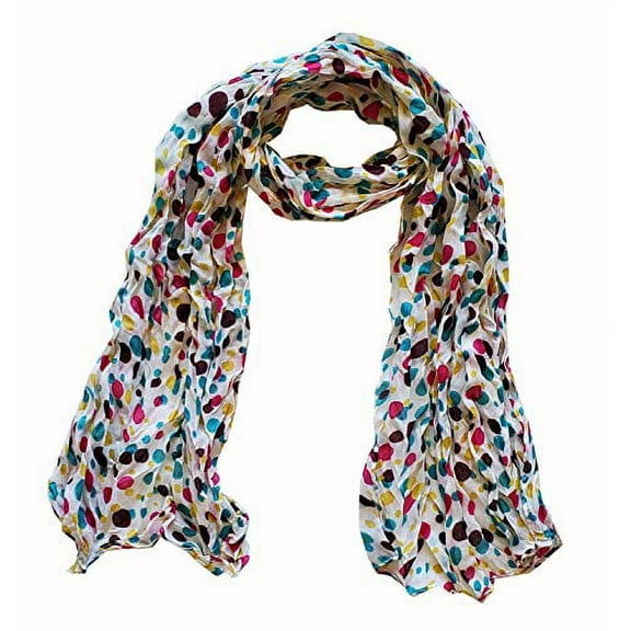 Pleated Polka Dot Scarf Scarves for Women Girls Light Weight & Warm (White)