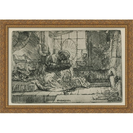 Rembrandt Cat Charm - The Holy Family with a cat 40x28 Large Gold Ornate Wood Framed Canvas Art by Rembrandt