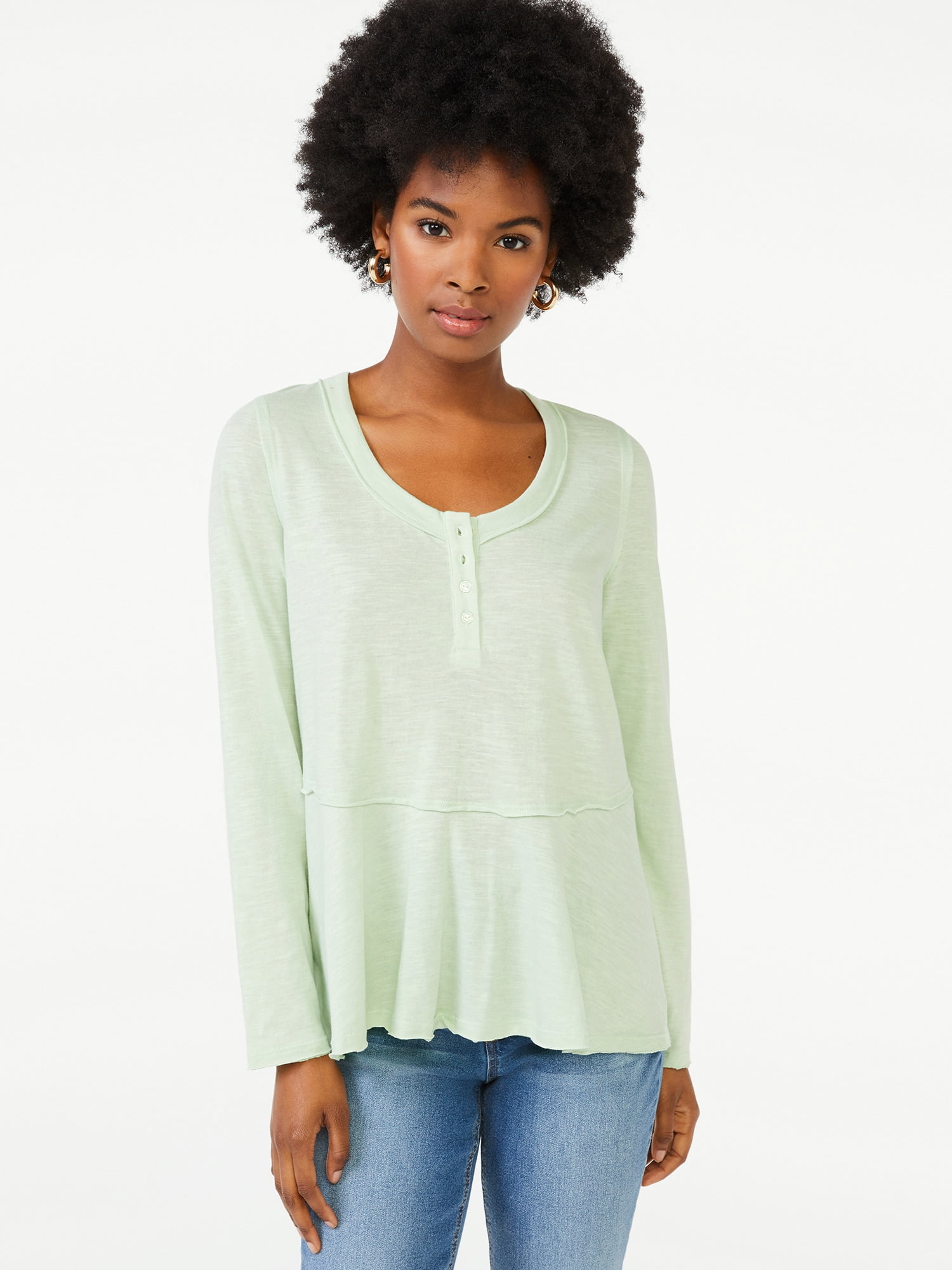 Scoop Women's Semi Sheer Curved Henley Top - Walmart.com