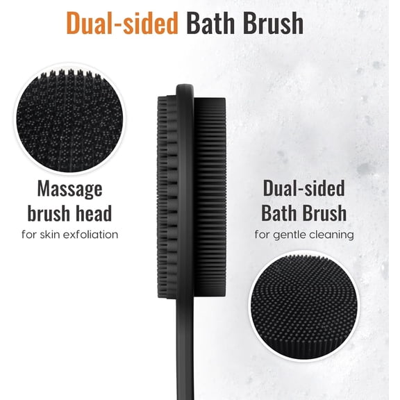 Silicone back scrubber for shower, 17in lengthen long handle body brush, double sided shower brush for exfoliating and massage, can produce rich foam, suitable for men