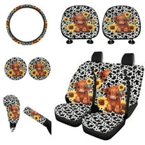 Renewold Highland Cow Sunflower Car Seat Covers Full Set with Steering Wheel Cover Headrest Cover Cup Coasters Car Handbrake Cover Gear Shift Cover Black Cow Print Auto Seat Cover Accessories 11 PCS