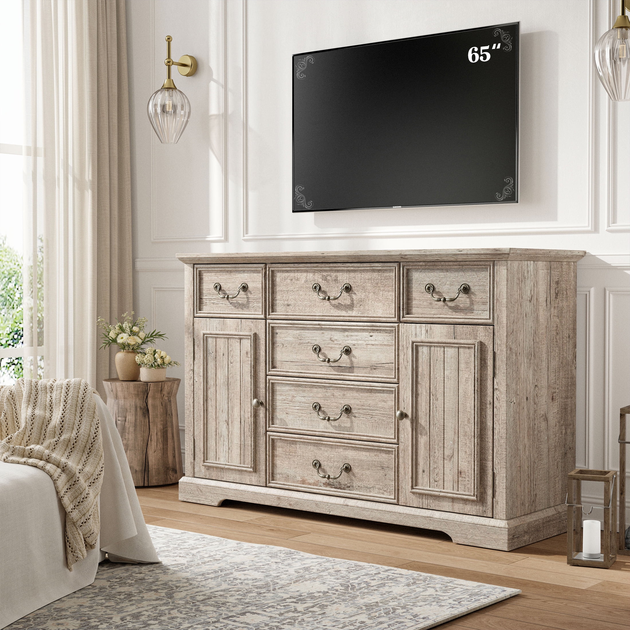EnHomee 6 Drawers Dresser with Barn Door,Wooden Dresser for Bedroom,Rustic Chest of Drawers for Living Room Entryway Hallway,47.2" Wx33.5 H x15.7 D,Rustic Oak