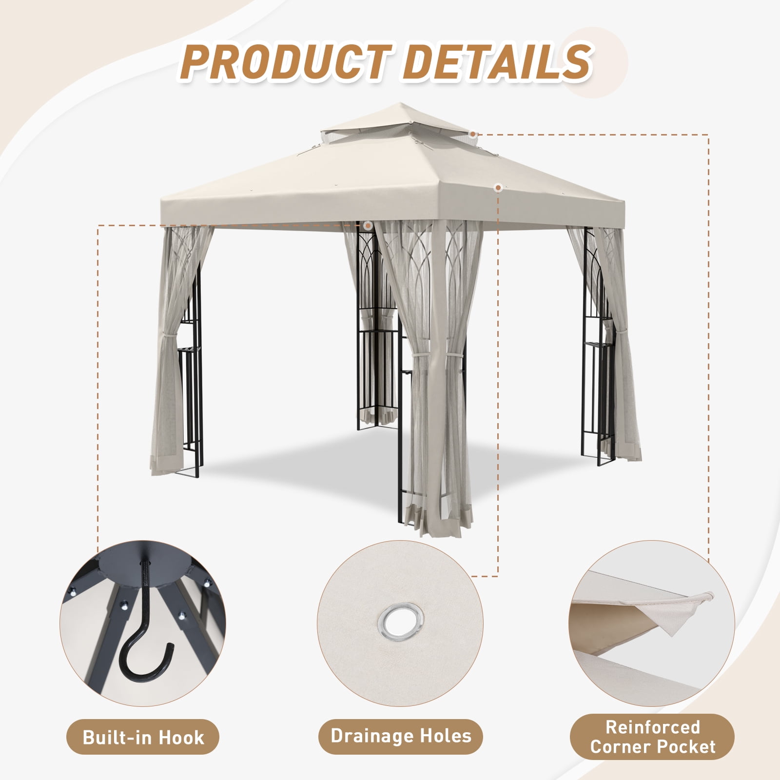 INTER HUT 8x8 Metal Patio Double Soft Roof Gazebo Outdoor Canopy Tent with Netting, Ceiling Hook, Shelves