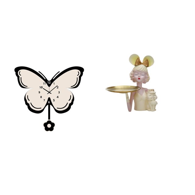 Reloj de pared de mariposa acrílico con bandeja para guardar llaves y estatua moderna, figura de resina creativa para oficina, comedor, dormitorio y e