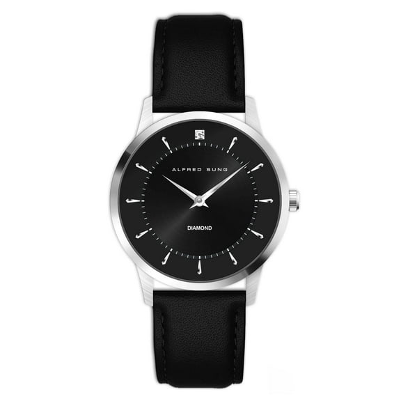 Alfred Sung Metropolitan II Leather Strap Black Diamond Accent Dial Men's Watch