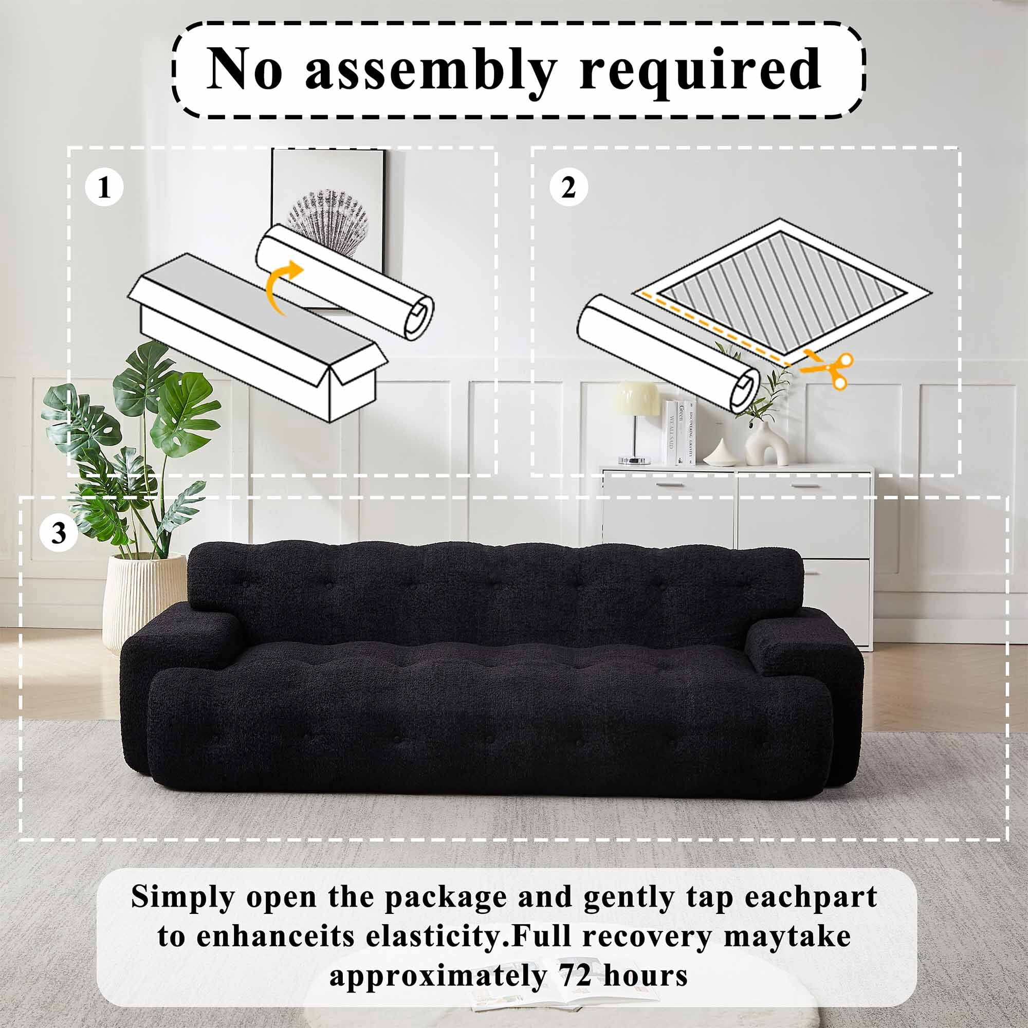 Lunale Boneless Cloud Sofa, No Assembly Required, Modern 3-Seater Chenille Couch for Living Room, Black