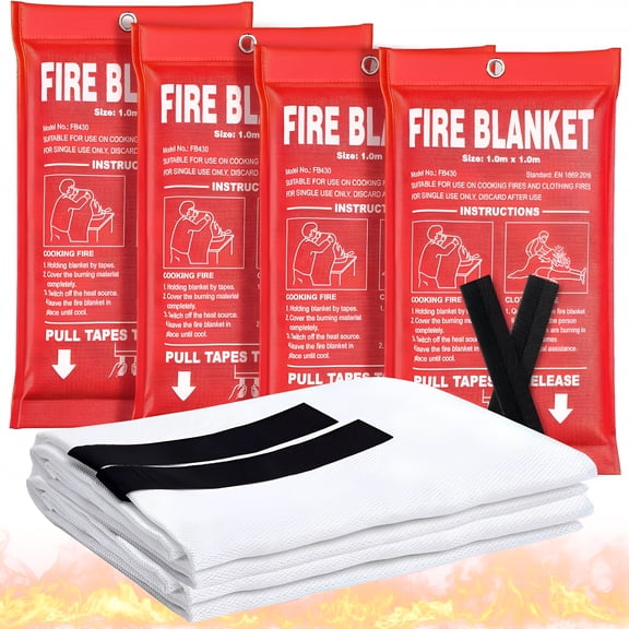 HBMYN Fire Blanket 4 Pack - 40" x 40" Prepared Emergency Fire Blanket for Home and Kitchen, RV, Grill, Fireplace, Safe & Easy for Young Adults and Elderly Living Alone