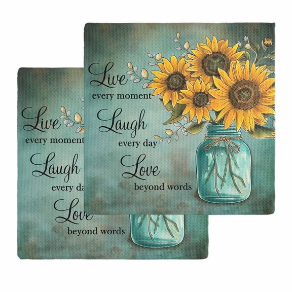 Vintage Sunflower Kitchen Dish Towels for Drying Dishes Set of 2, Teal Retro Summer Botanical Floral Waffle Weave Microfiber Hand Tea Bathroom Towels Quick Dry & Absorbent Towel 12x12