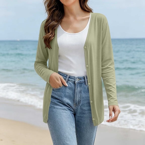 Meichang Women's Long Sleeve Cardigan Open Front V Neck Button Down Cardigans Lightweight Cozy Fall Cardigans