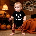 thumbnail image 2 of Byoo Newborn Girls' Eye‑Catching Bodysuit Halloween Jack‑O‑Lantern Print Short‑Sleeve Crewneck Romper Holiday Outfit, Black1, 2 of 5