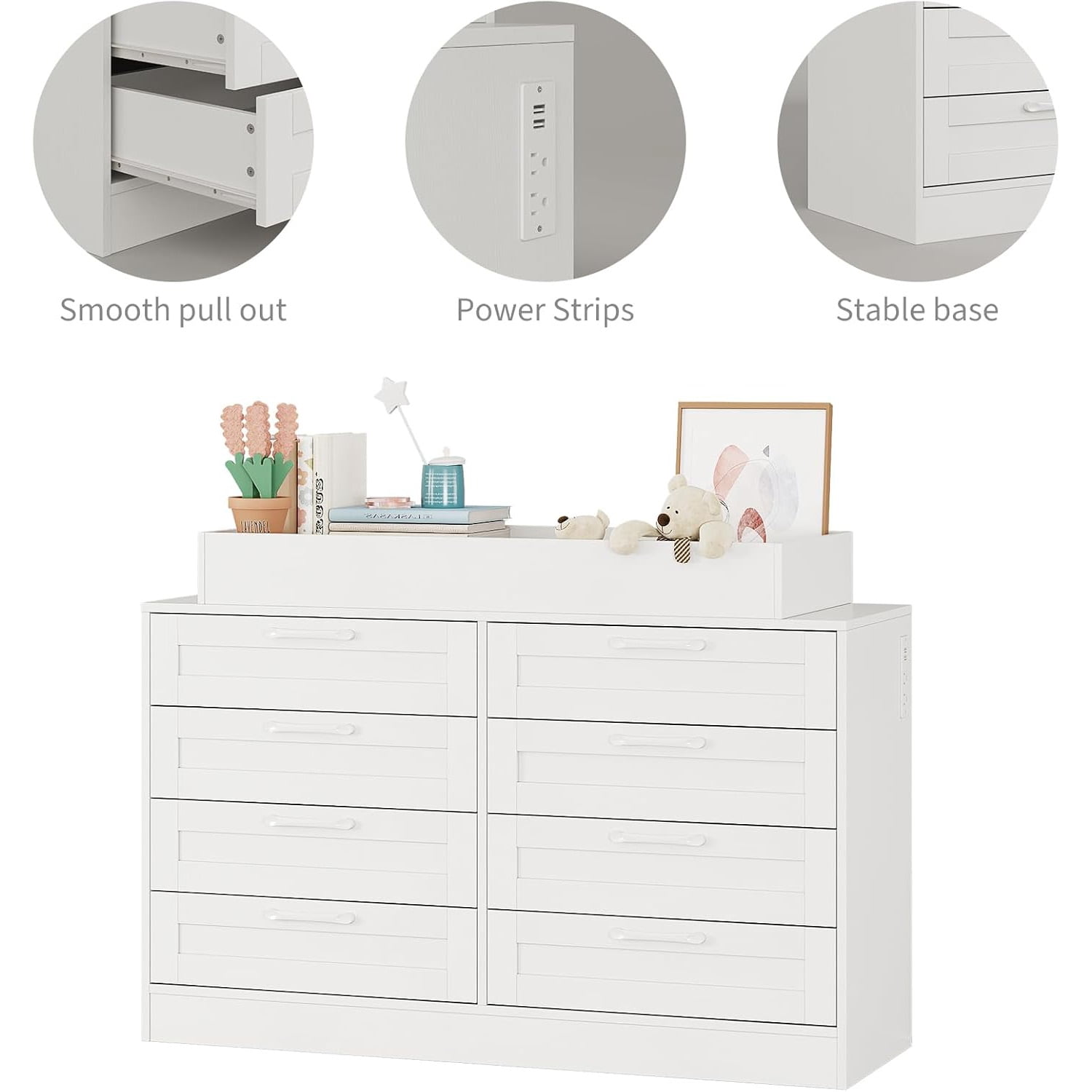 Roromall 8 Drawer Dresser, Changing Table with 8 Drawer, Charging Station, Modern Wood Storage Organizer for Bedroom, Living Room