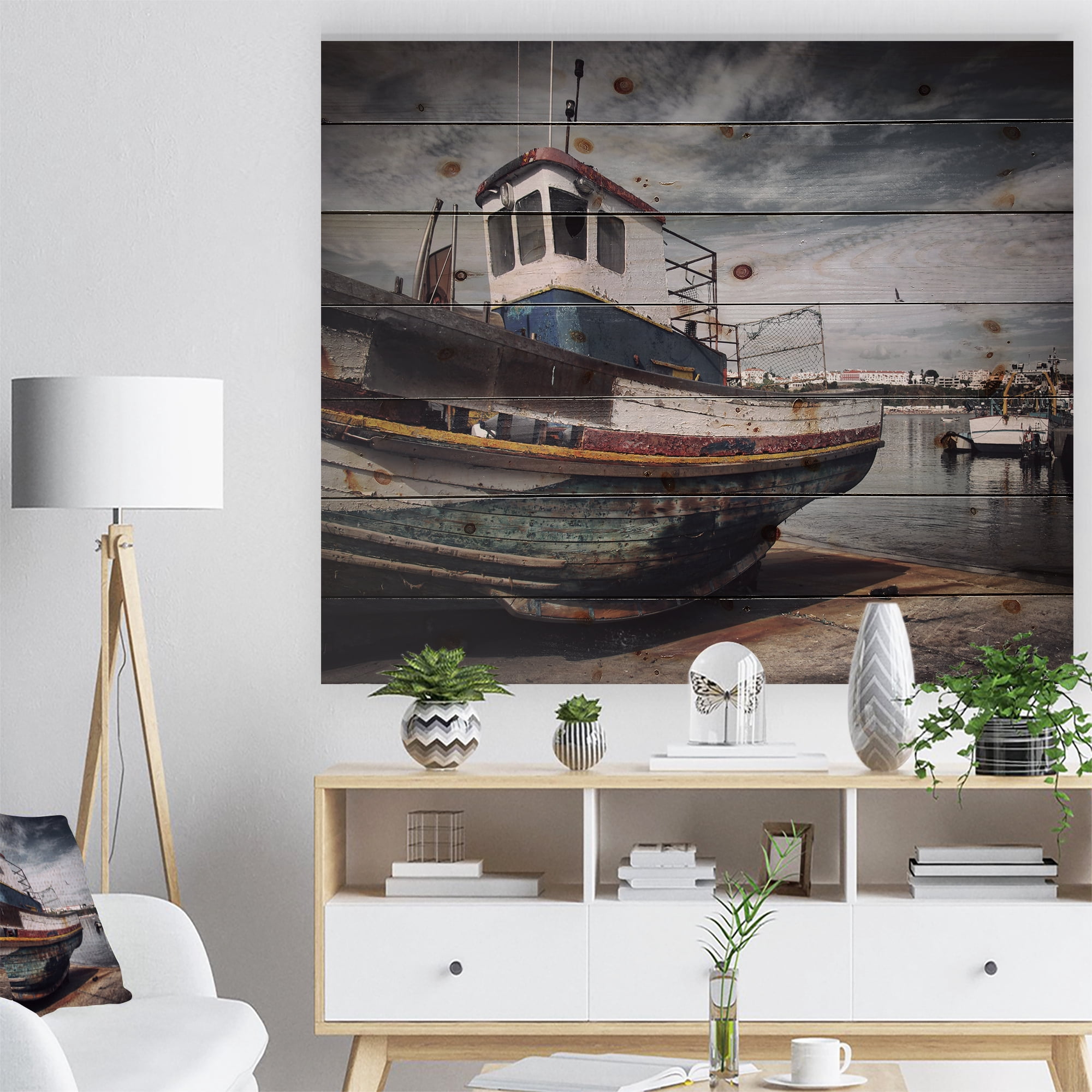 Designart 'Old Fishing Boat' Boat Print on Natural Pine Wood