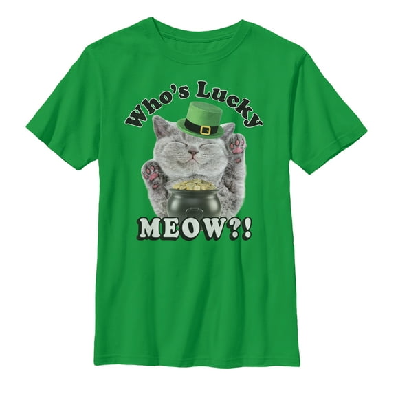 Boy's Lost Gods St. Patrick's Day Lucky Meow Cat  Graphic Tee Kelly Green X Large
