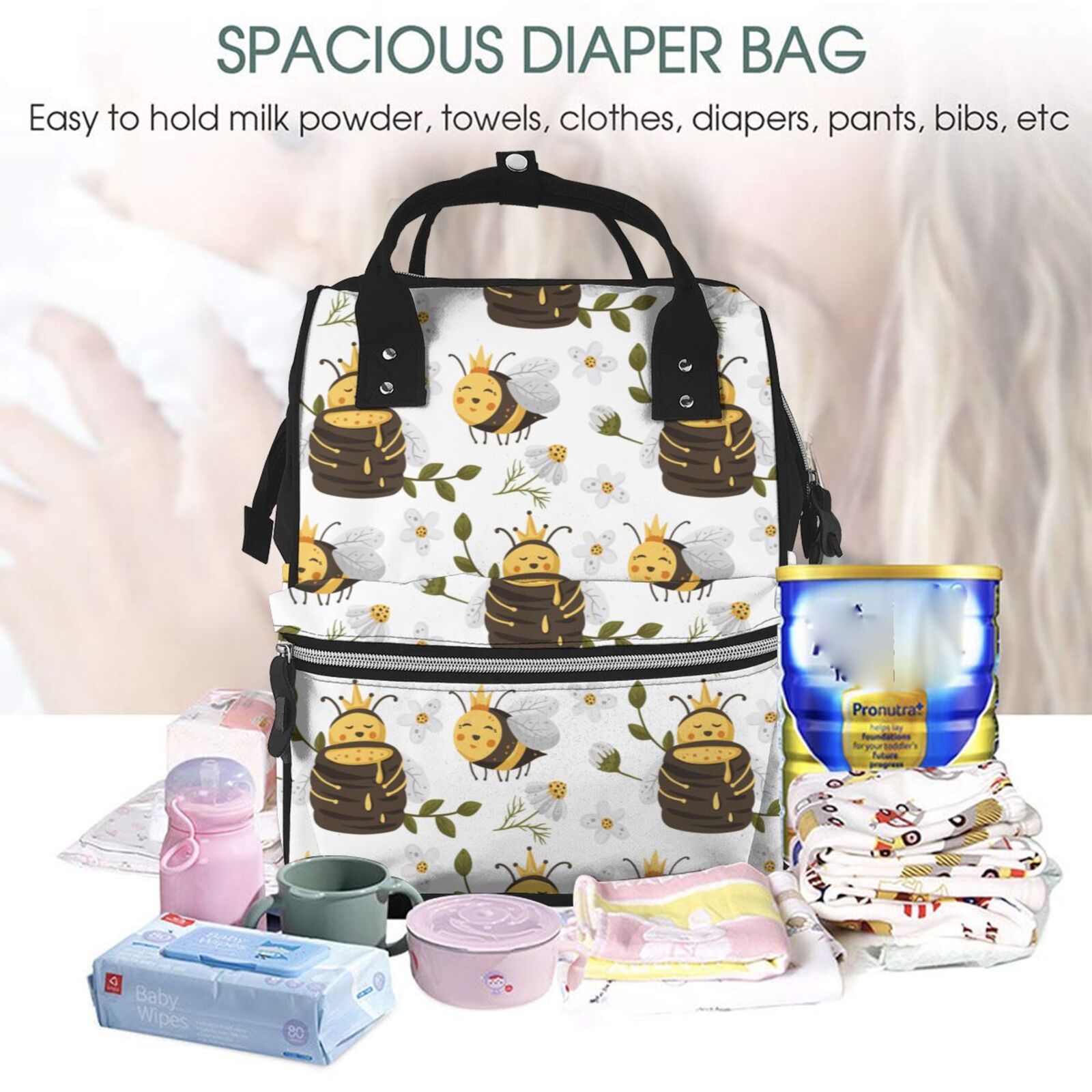 Fuzoiu Honey Bee Insect Print Diaper Bag Backpack,Baby Essentials Travel Tote,Multi function Waterproof Diaper Bag, Travel Essentials Baby Bag - Unisex