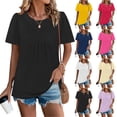 thumbnail image 3 of Women's Casual Fashion Round Neck Solid Color Pleated Short Sleeve T-Shirt Top, Trendy Blouse with Accordion Pleats for Street Style and Daily Wear,Beige,2XL, 3 of 6