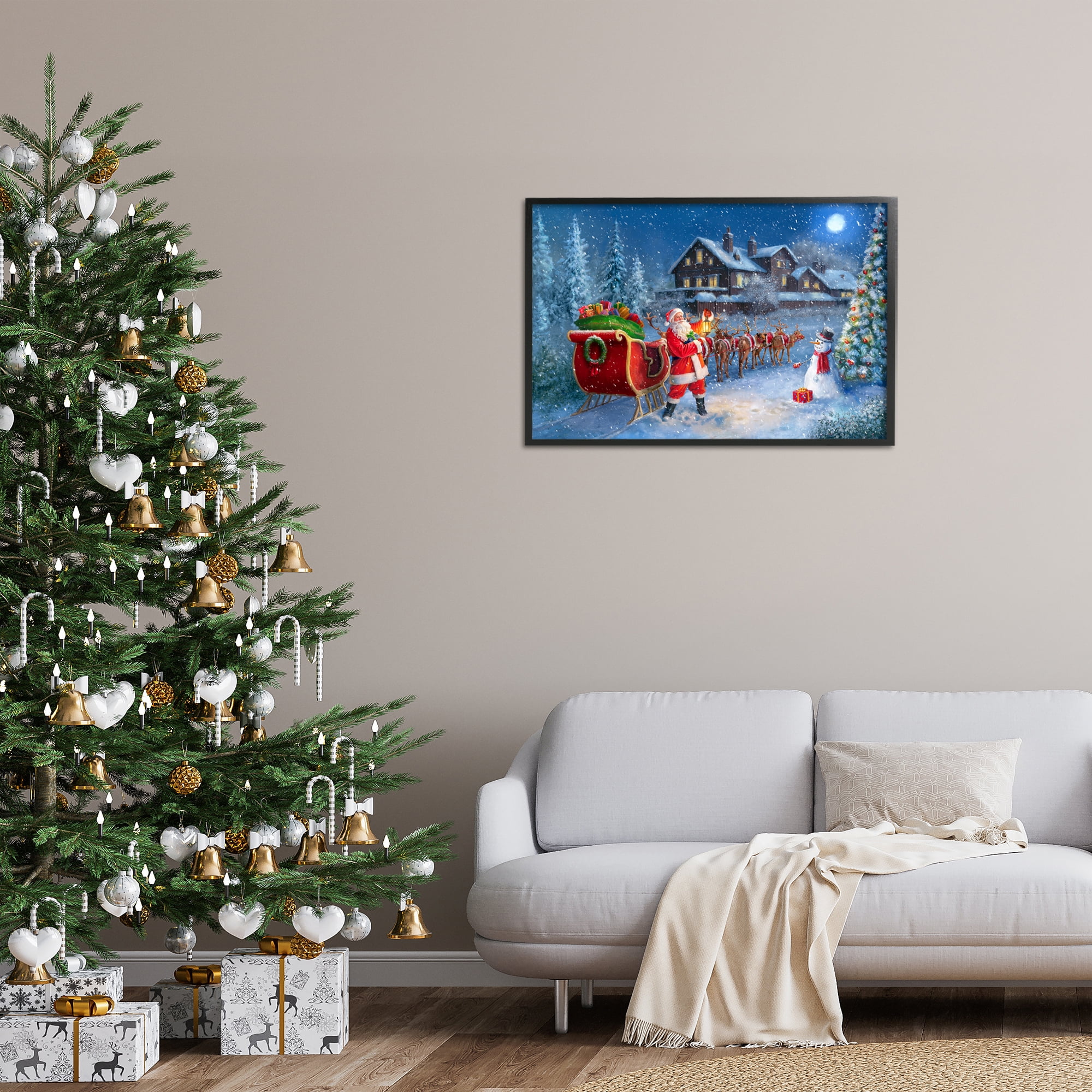 Stupell Industries Santa Snowy Night View Holiday Painting Black Framed Art Prints Wall Art, 30 x 20
