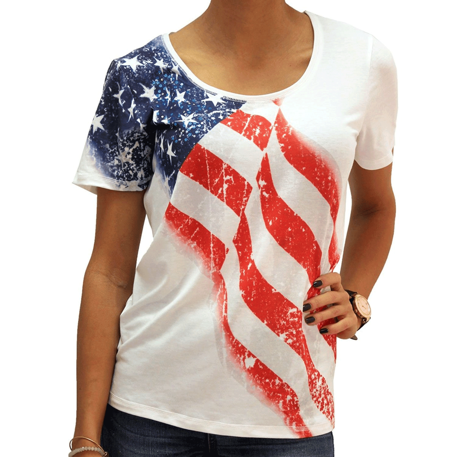Ladies White American Flag Short Sleeve Scoop Neck T-shirt with Sequins ...