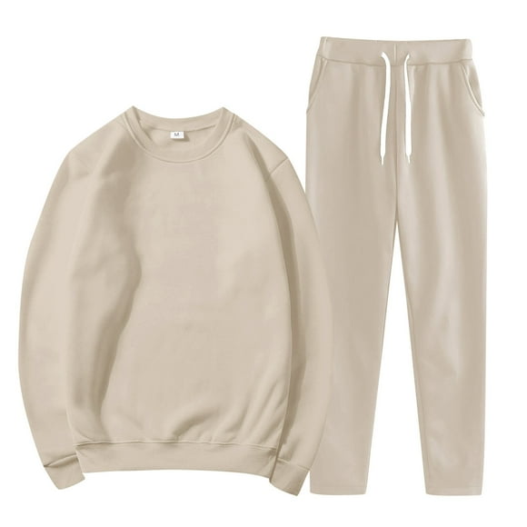 Doriano Women's Solid Color Casual Suit Set - Round Neck Jacket & Trousers for Sporty Elegance, Beige, S