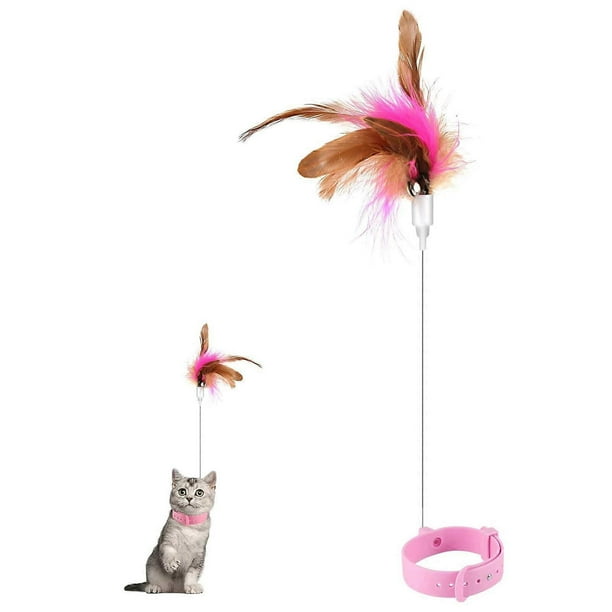 Cat Teaser Wand Toy Silicone Adjustable Collar, Feather With Bell, Interactive Cat Teaser For Indoor Cats Kittens Pink