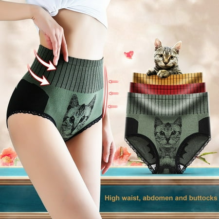 

YMH Cat Print Panties Lace Graphene Body Shaping Butt Lift Panties Women Accessory for Daily Wear