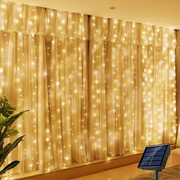 9.84 x 3.28 ft 100 LED Solar Powered Copper Wire Curtain Lights 8 Lighting Modes Waterproof Rainproof Snowproof for Patio Garden Window Christmas Wedding Party Decoration Warm Light