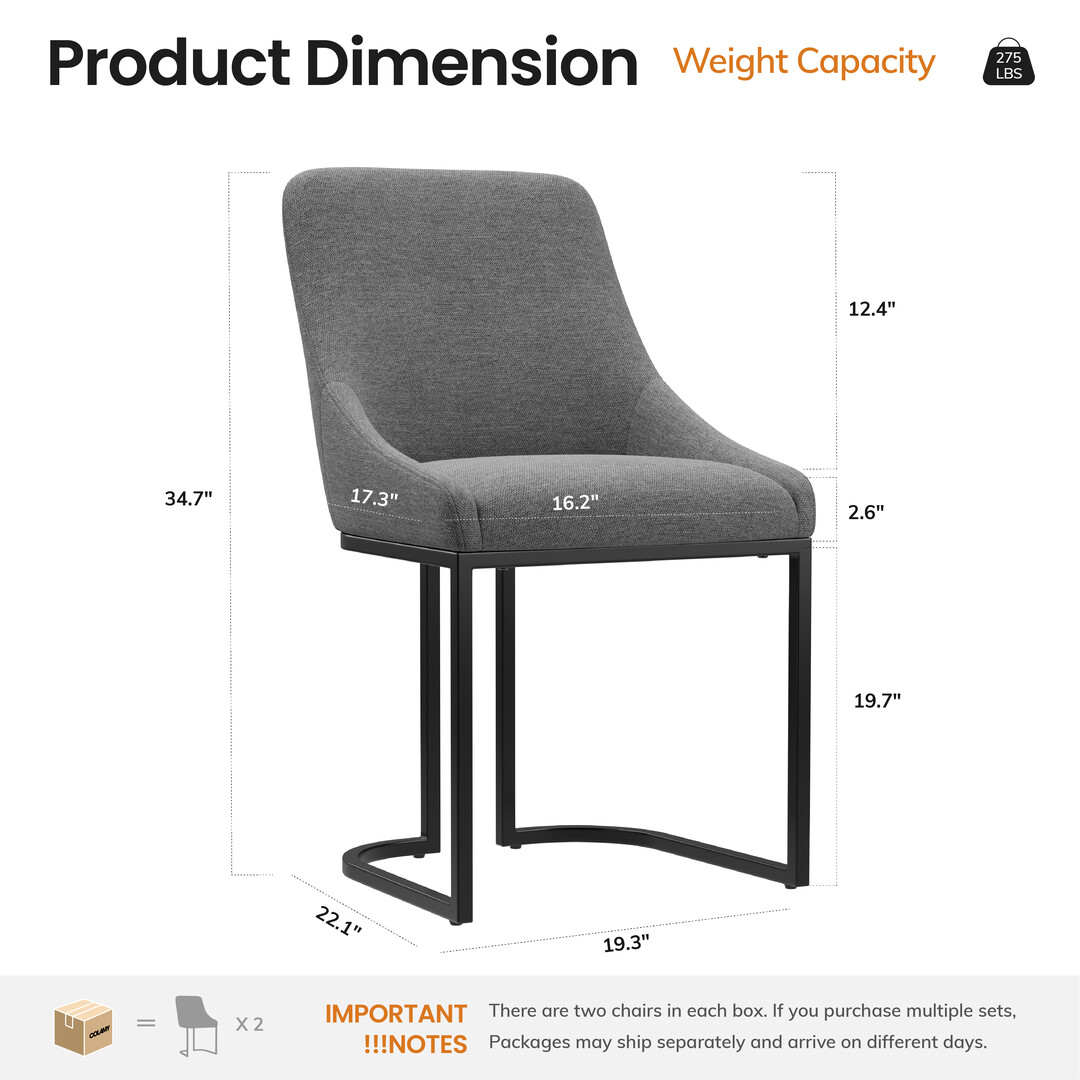 COLAMY Set of 2 Dining Chairs, Modern Upholstered Fabric Kitchen Chairs with U-Shaped Metal Legs, Armless Mid-Back Side Chairs for Home and Hotel, Gray