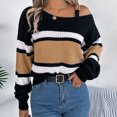thumbnail image 2 of WREESH Fashion Pullover Off Shoulder Sweater Women's Casual Contrast Striped Lantern Sleeves Off Shoulder Pullover Sweater Top Sweater Khaki, 2 of 7