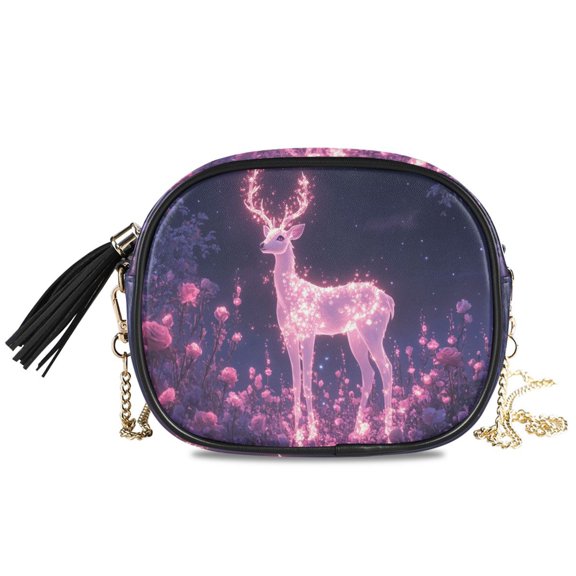Womens Casual Chain Shoulder Bag Simple style Glowing Deer in Magical Forest Crossbody Bag