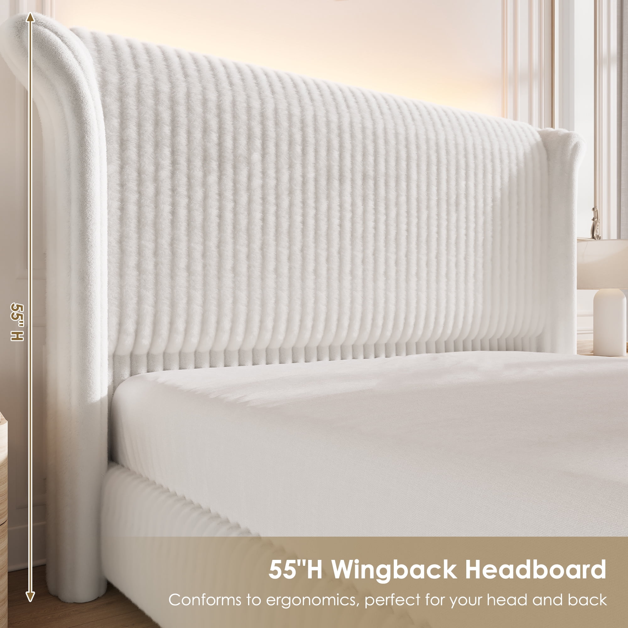 Hiphuta Corduroy Upholstered Queen Size Bed Frame with Headboard, LED Platform Queen Bed Frame with 55"H Tall Vertical Stripe Corduroy Wingback Headboard, White