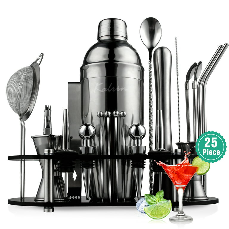 19 Piece Cocktail Shaker Set with Rustic Wood Stand - Bartender