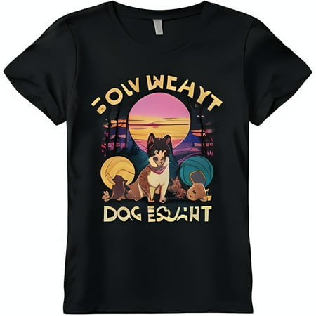 

Women s Black Neck T-Shirt with Cartoon Dog & Sunset Graphic Low Weary Dog Squint in Gold Font