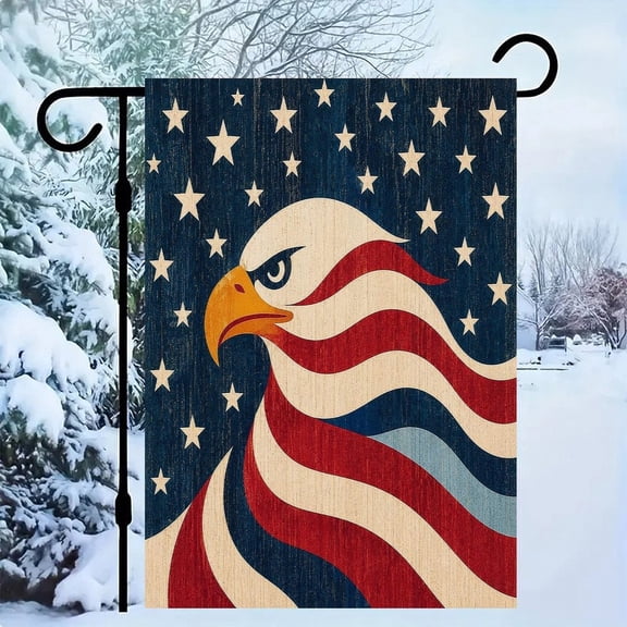 RKSupls Patriotic Linen Double Sided Garden Flag, Independence Day Themed Yard Decor, Eagle Waves Flag Geometric Wood Outdoor Banner for Holiday Lawn