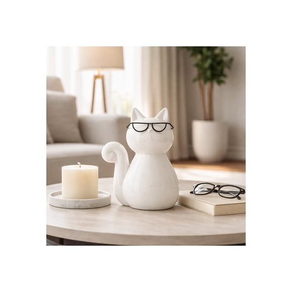 Cat Figurine with Glasses for Home and Bathroom Decor - Porcelain Animal Sculpture for Office and Room - Glam Statue Display for Living Room, Shelf and Coffee Table Ornament - 8", White
