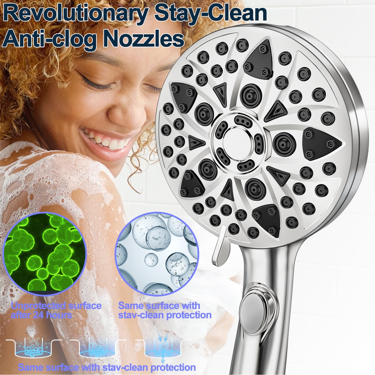 High Pressure Handheld Shower Head, 4.8" Large Panel Rain Shower Head with 9 Spray Modes, One-Touch Pause Button, Long Hose and Adjustable Bracket for Bathroom Cleaning and Pet Bath