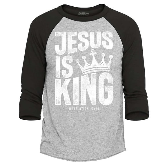 Shop4Ever Men's Jesus is King Revelation 17:14 Raglan Baseball Shirt Large Heather Grey/Black