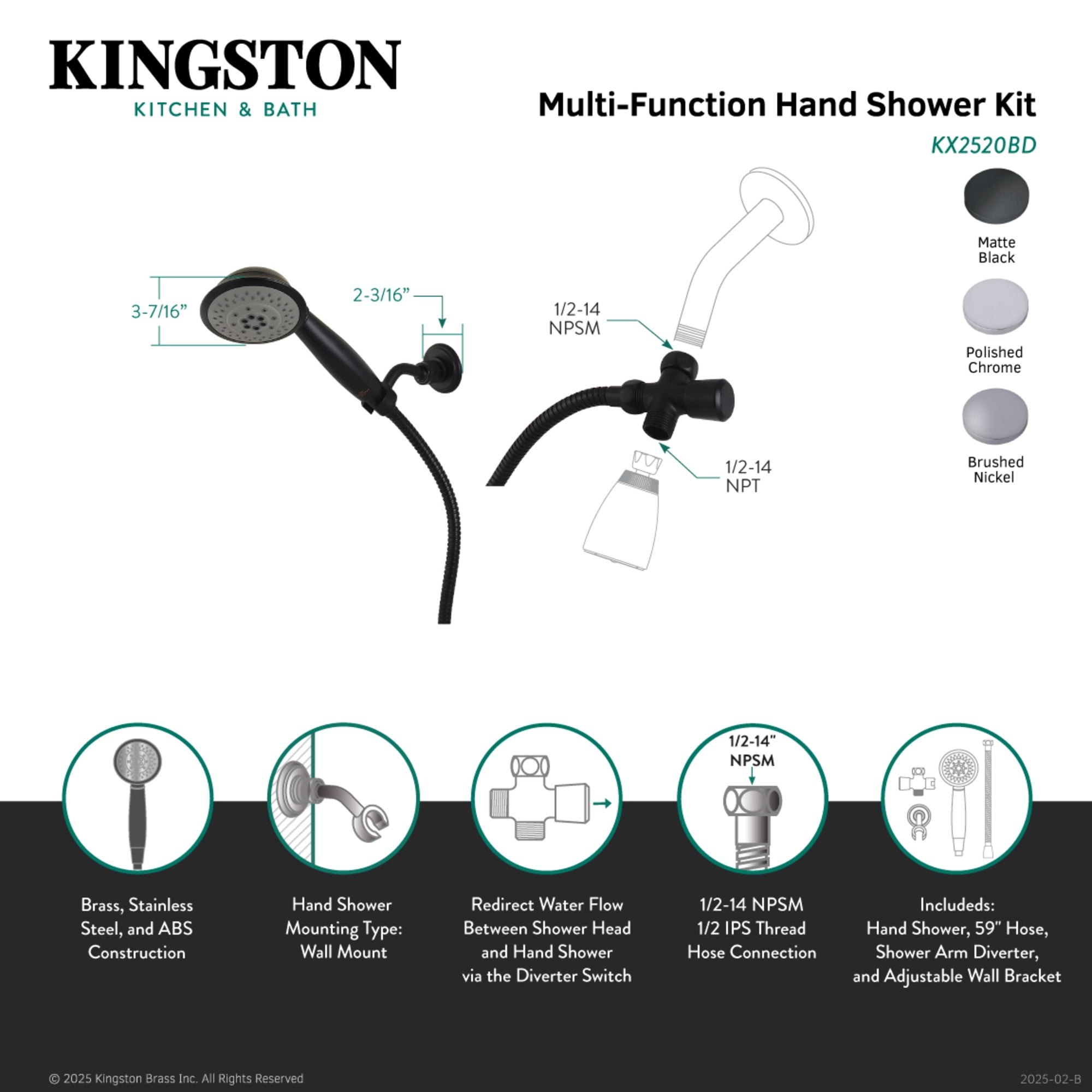 Kingston Brass KX2521BD Shower Scape Multi-Function Hand Shower Kit, Polished Chrome