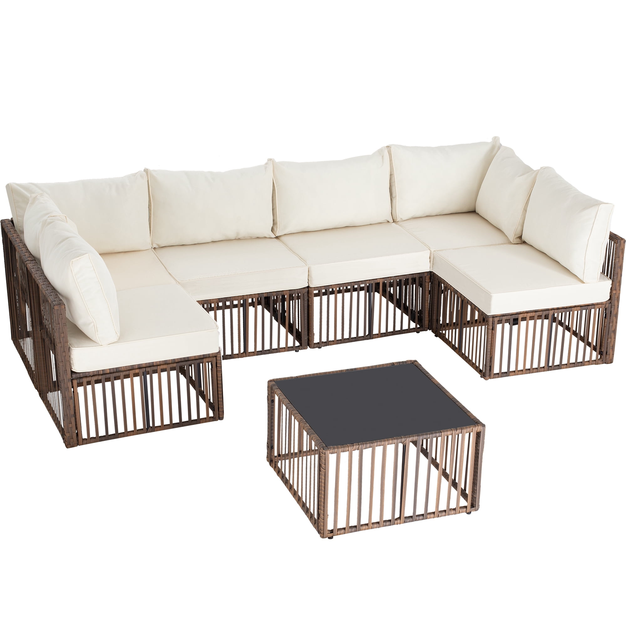 Ainfox 7 Pieces Outdoor Wicker Patio Furniture Set, Adjustable Backrest Sectional Conversation Couch with Thick Cushions & Coffee Table for Garden Porch Poolside, Brown/Beige