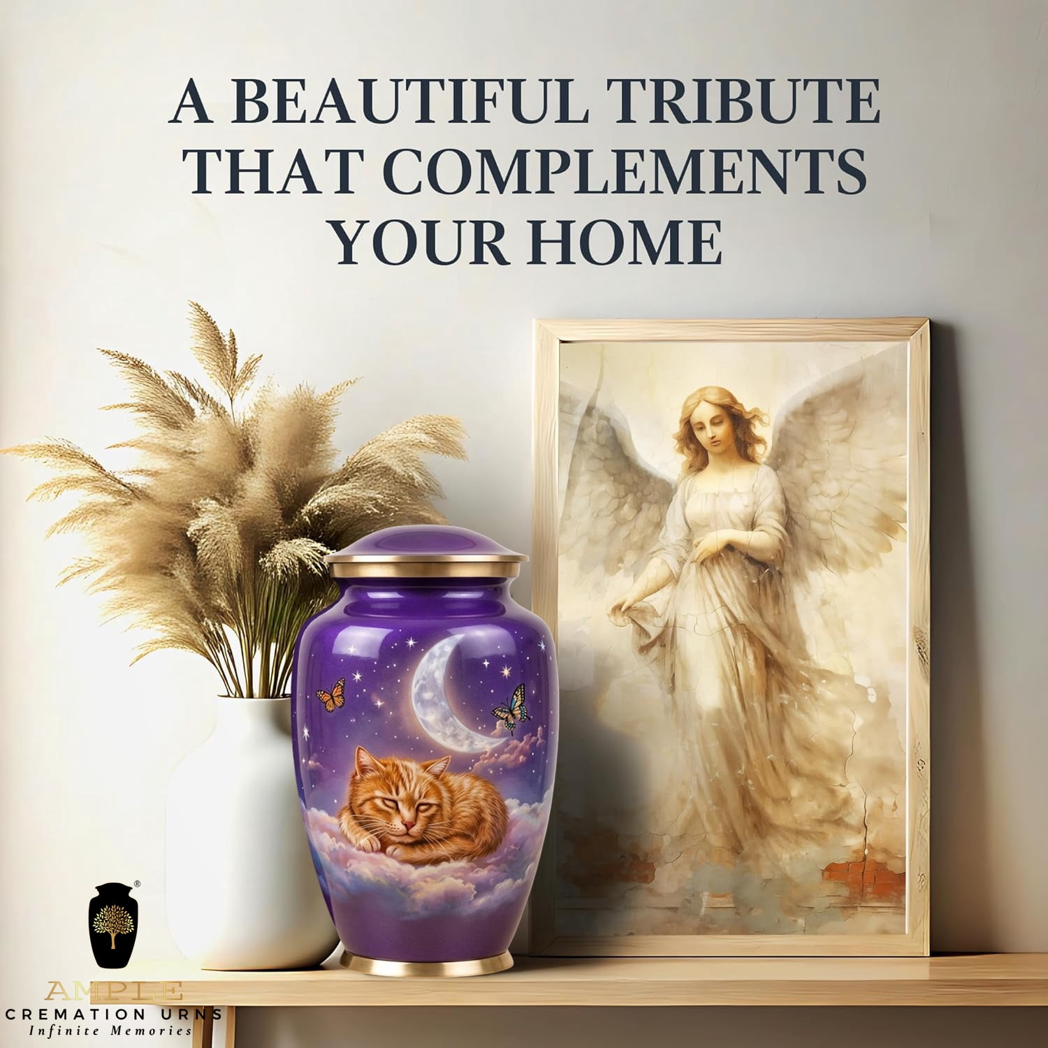 Purple Cat Cremation Urn – Pet Memorial Urn with Moon & Stars Design 10 inch premium