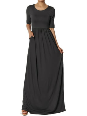 TheMogan Women's S~3X Half Sleeve Round Neck Shirred Viscose Jersey Long Maxi Dress