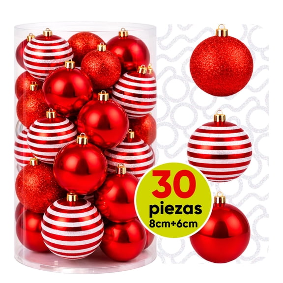 Esferas para árbol de navidad Artego set mix de 30 esferas = 10pz*8cm 20pz*6cm color Rojo * Línea Glitter 3 acabados glitter, brillante y cromada, para colgar Christmas ornaments