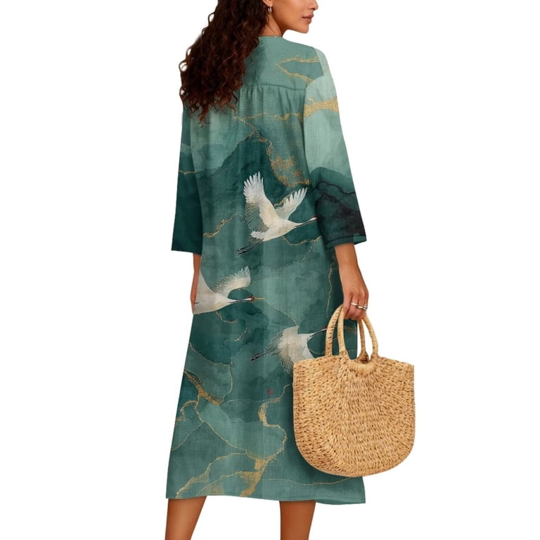 gold dress and caftan with cranes Renewold Teal Crane Print Casual for Women Oriental Tunic Dress for Women Loose Fit Dressy Linen-Look Polyester Soft Beach Lightweight Comfy Oversized Dresses, XL clothing boutique