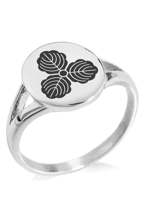 Stainless Steel Kasai Samurai Crest Minimalist Oval Top Polished Statement Signet Ring