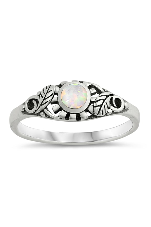 CHOOSE YOUR COLOR White Filigree Vine Leaf Simulated Opal Sun Ring .925 Sterling Silver Band CZ Female Size 4