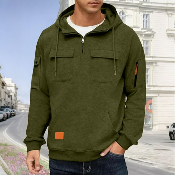 pstuiky camisetas de manga larga para hombre, Sudadera con capucha, cremallera de un cuarto y múltiples bolsillos de manga larga de color liso para hombre Tops de hombre xxxxxl