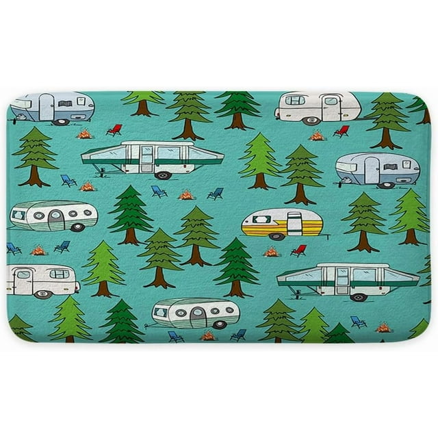JAWO Happy Camper Bath Mat for Camper Trailer Camping Bathroom, Retro RV Camper Travel Trailers Forest Non-Slip Doormat Bath Rug, Entrance Rug for Front Door Kitchen Floor Bath Tub Bedroom 17x29