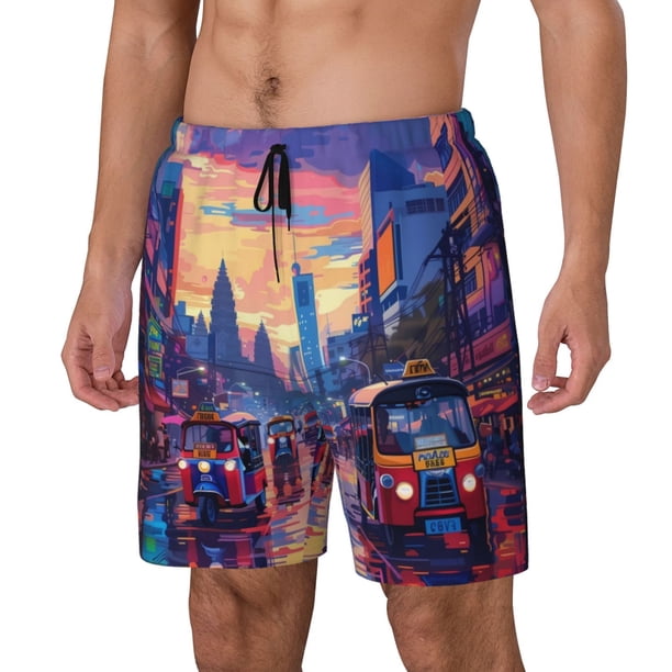 Balery Taxi Colorful Town Bañador para hombre, shorts de playa de secado rápido con entrepierna y forro de compresión-XX-Large