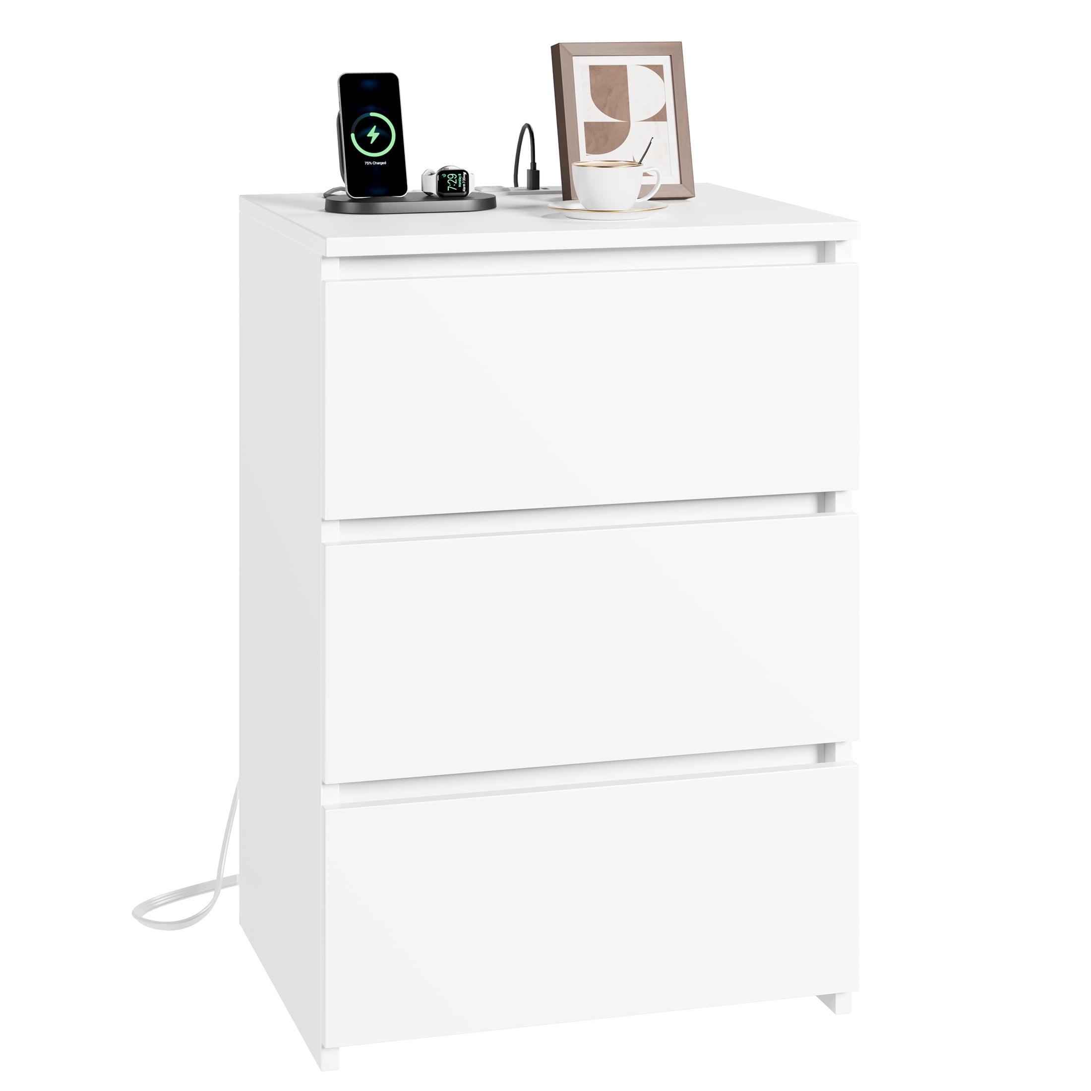 Homfa 3 Drawers Nightstand with Charging Station, Side Table with Storage for Living Room, White Bedside Nightstand for Bedroom