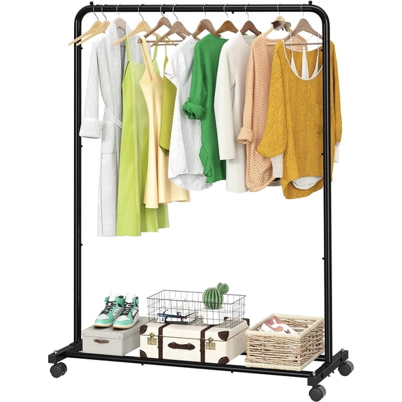 Black Rolling Clothes Rack with Storage Shelves, Hanging Garment Organizer on Wheels for Closet Space Saving
